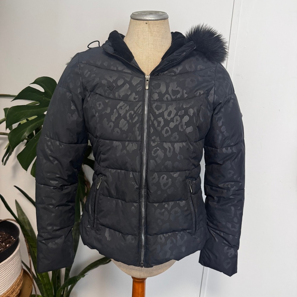 Obermeyer Puffer Jacket Women 2 Black Leopard Print Faux Fur Hood Ski Snowboard
